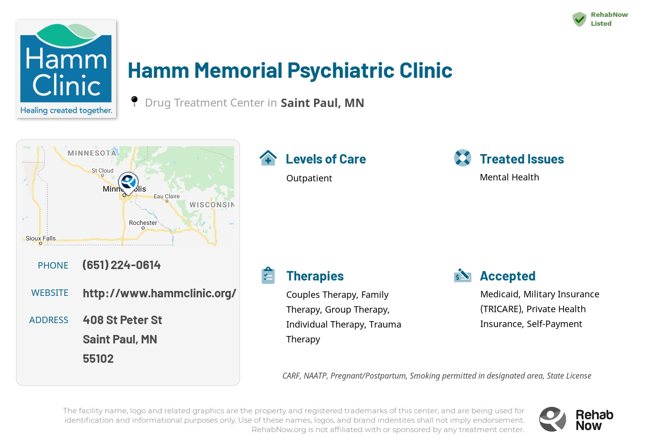 Helpful reference information for Hamm Memorial Psychiatric Clinic, a drug treatment center in Minnesota located at: 408 St Peter St, Saint Paul, MN 55102, including phone numbers, official website, and more. Listed briefly is an overview of Levels of Care, Therapies Offered, Issues Treated, and accepted forms of Payment Methods.