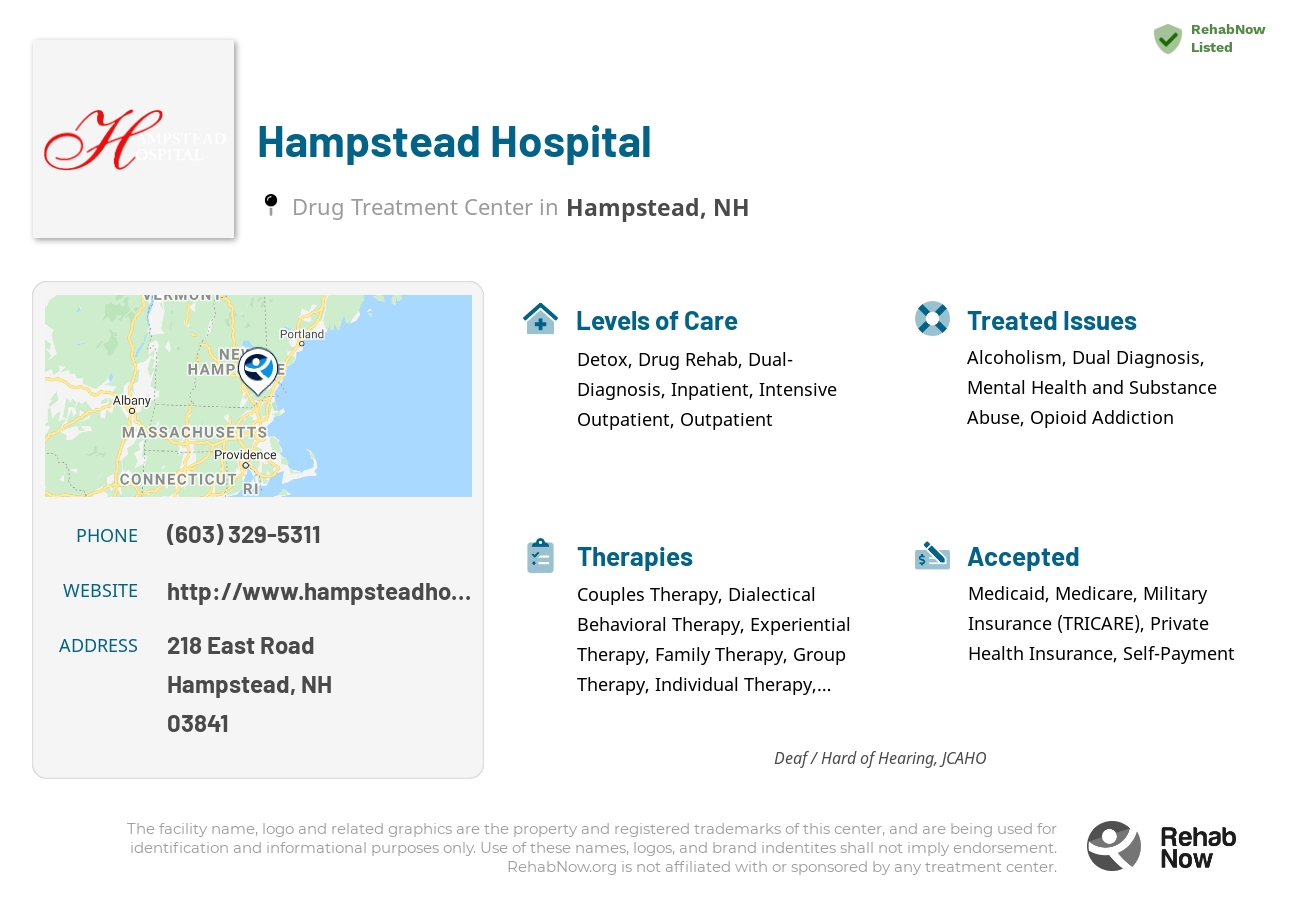 Helpful reference information for Hampstead Hospital, a drug treatment center in New Hampshire located at: 218 218 East Road, Hampstead, NH 03841, including phone numbers, official website, and more. Listed briefly is an overview of Levels of Care, Therapies Offered, Issues Treated, and accepted forms of Payment Methods.