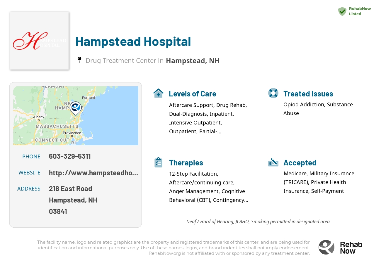 Helpful reference information for Hampstead Hospital, a drug treatment center in New Hampshire located at: 218 East Road, Hampstead, NH 03841, including phone numbers, official website, and more. Listed briefly is an overview of Levels of Care, Therapies Offered, Issues Treated, and accepted forms of Payment Methods.