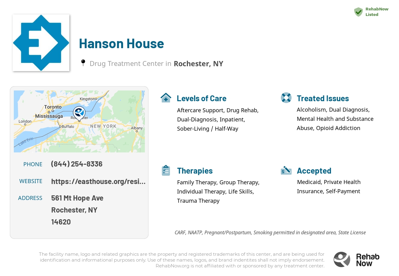 Helpful reference information for Hanson House, a drug treatment center in New York located at: 561 Mt Hope Ave, Rochester, NY 14620, including phone numbers, official website, and more. Listed briefly is an overview of Levels of Care, Therapies Offered, Issues Treated, and accepted forms of Payment Methods.