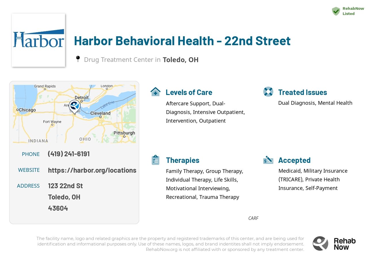 Helpful reference information for Harbor Behavioral Health - 22nd Street, a drug treatment center in Ohio located at: 123 22nd St, Toledo, OH 43604, including phone numbers, official website, and more. Listed briefly is an overview of Levels of Care, Therapies Offered, Issues Treated, and accepted forms of Payment Methods.