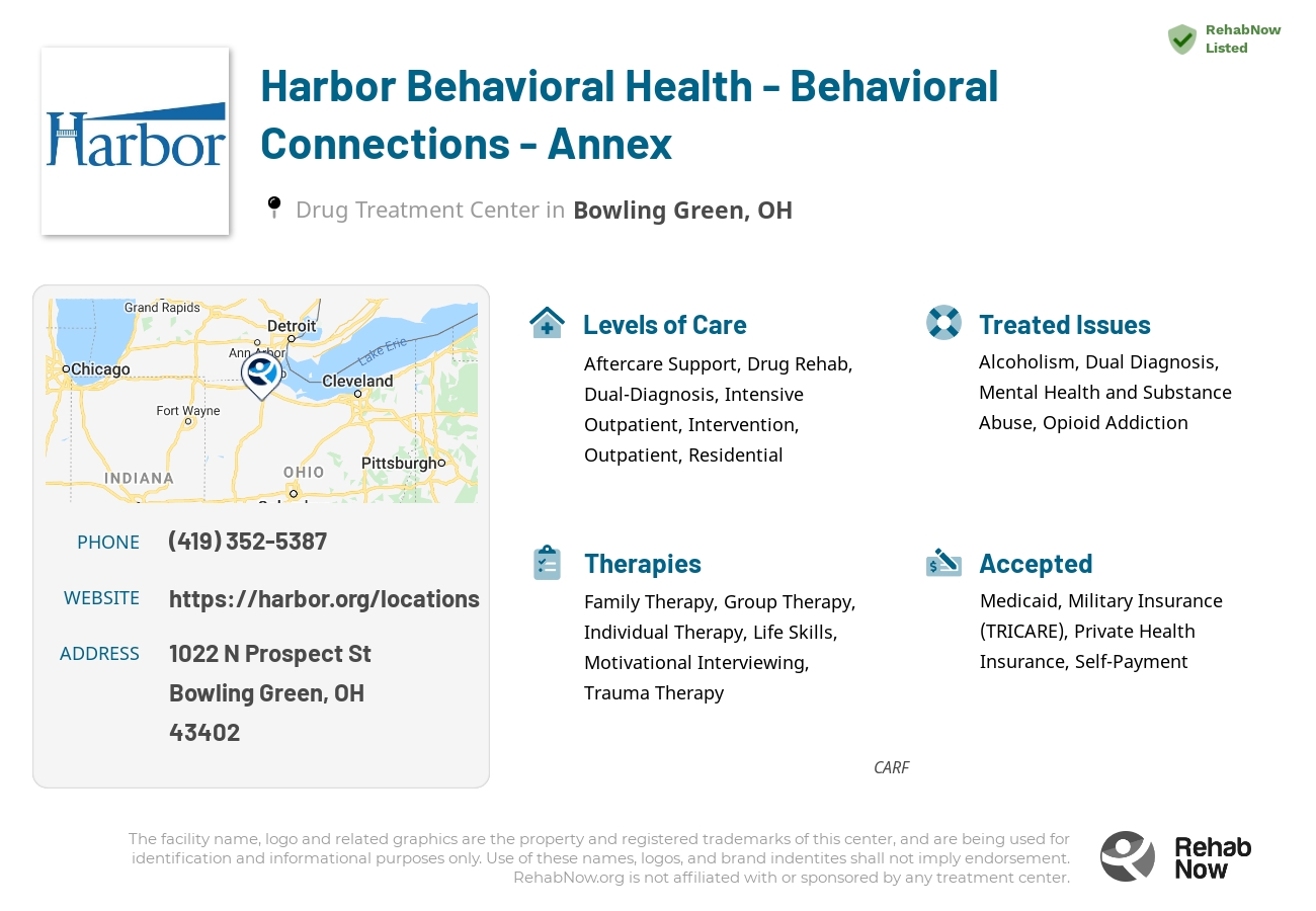 Helpful reference information for Harbor Behavioral Health - Behavioral Connections - Annex, a drug treatment center in Ohio located at: 1022 N Prospect St, Bowling Green, OH 43402, including phone numbers, official website, and more. Listed briefly is an overview of Levels of Care, Therapies Offered, Issues Treated, and accepted forms of Payment Methods.
