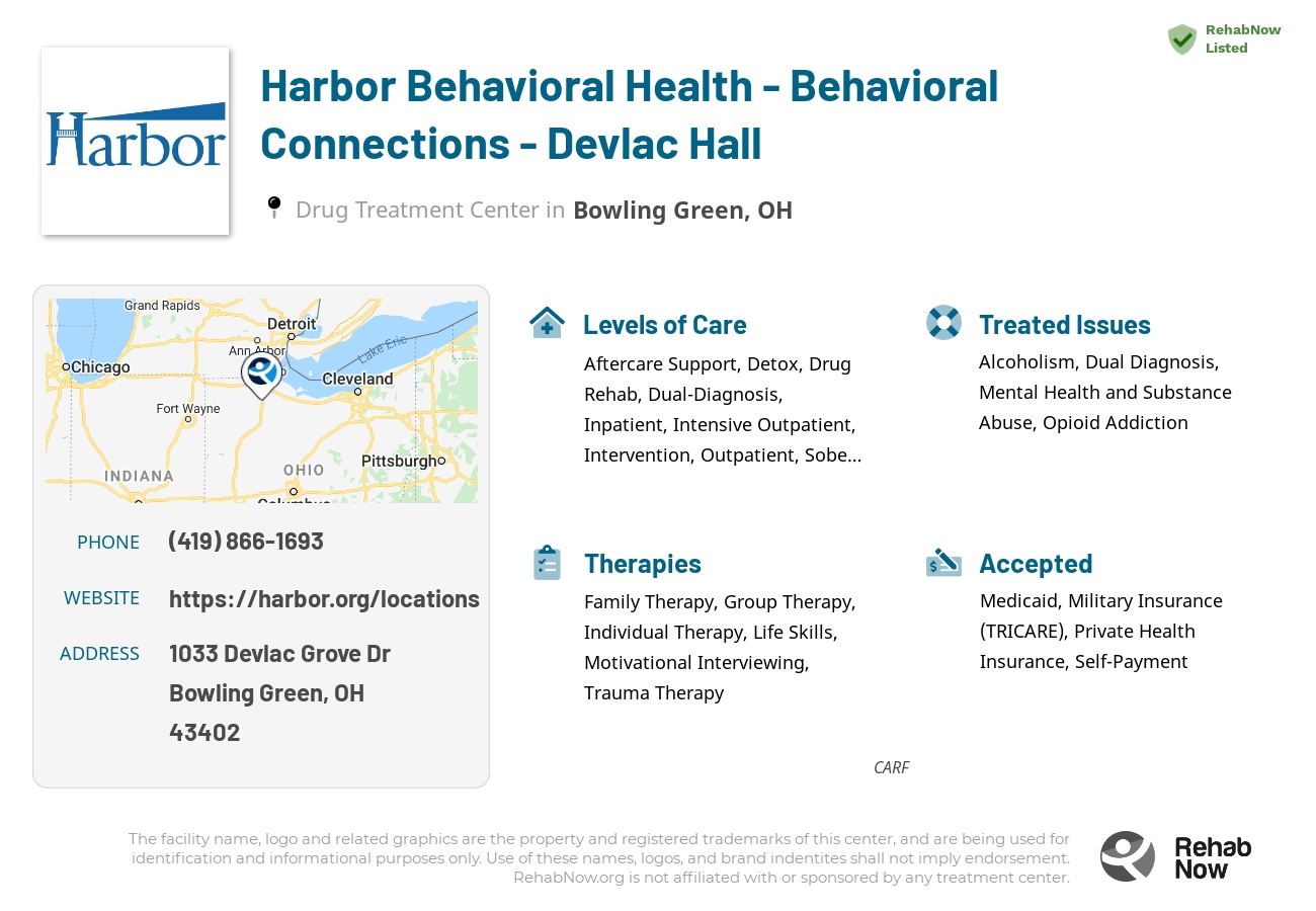 Helpful reference information for Harbor Behavioral Health - Behavioral Connections - Devlac Hall, a drug treatment center in Ohio located at: 1033 Devlac Grove Dr, Bowling Green, OH 43402, including phone numbers, official website, and more. Listed briefly is an overview of Levels of Care, Therapies Offered, Issues Treated, and accepted forms of Payment Methods.