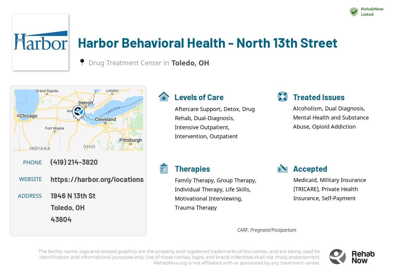 Helpful reference information for Harbor Behavioral Health - North 13th Street, a drug treatment center in Ohio located at: 1946 N 13th St, Toledo, OH 43604, including phone numbers, official website, and more. Listed briefly is an overview of Levels of Care, Therapies Offered, Issues Treated, and accepted forms of Payment Methods.