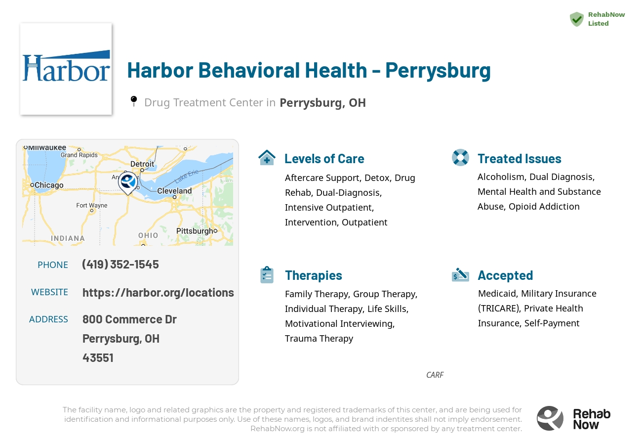 Helpful reference information for Harbor Behavioral Health - Perrysburg, a drug treatment center in Ohio located at: 800 Commerce Dr, Perrysburg, OH 43551, including phone numbers, official website, and more. Listed briefly is an overview of Levels of Care, Therapies Offered, Issues Treated, and accepted forms of Payment Methods.