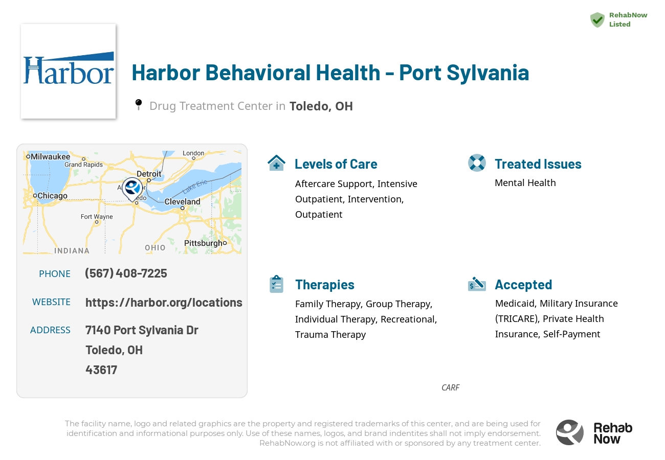 Helpful reference information for Harbor Behavioral Health - Port Sylvania, a drug treatment center in Ohio located at: 7140 Port Sylvania Dr, Toledo, OH 43617, including phone numbers, official website, and more. Listed briefly is an overview of Levels of Care, Therapies Offered, Issues Treated, and accepted forms of Payment Methods.