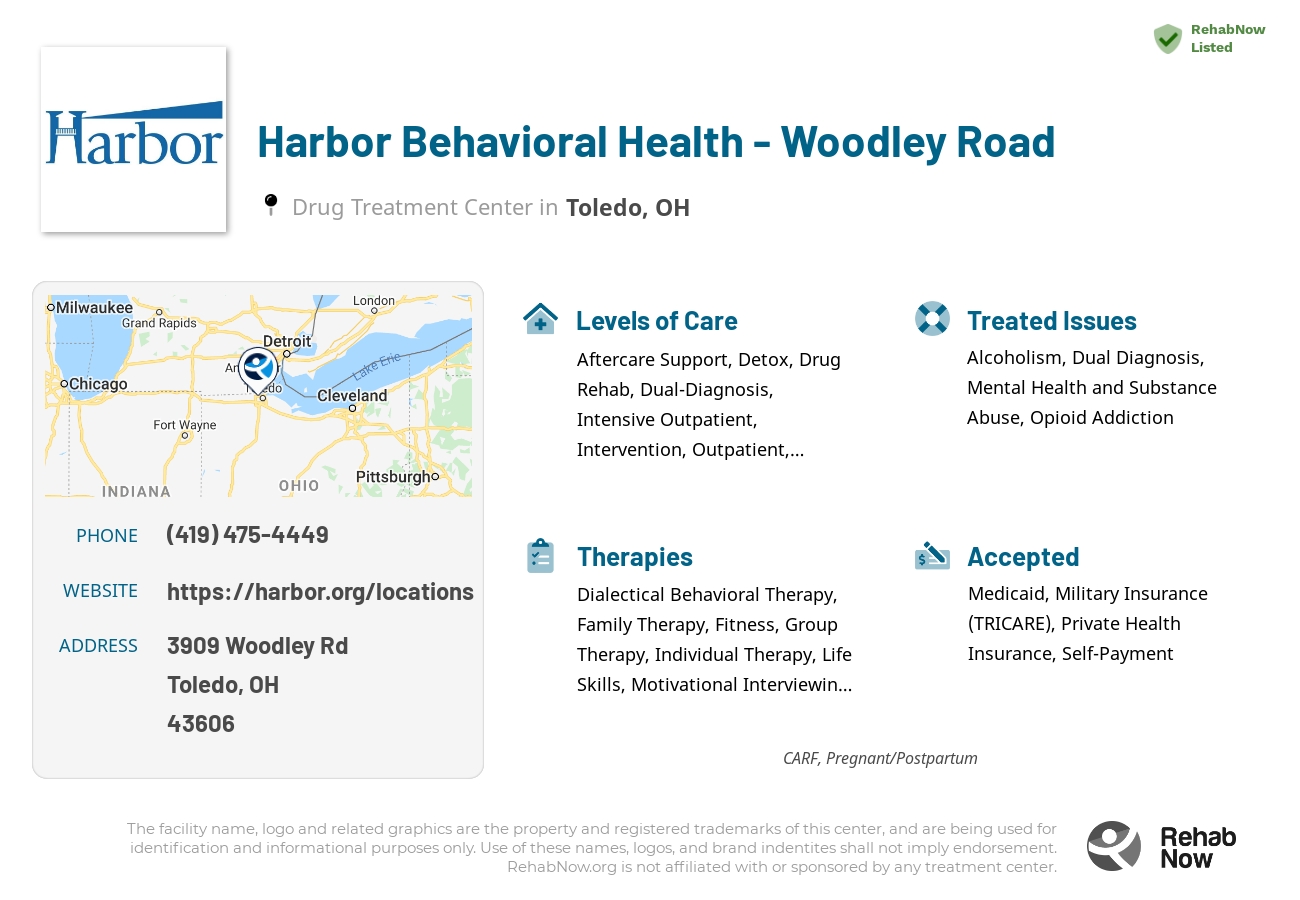 Helpful reference information for Harbor Behavioral Health - Woodley Road, a drug treatment center in Ohio located at: 3909 Woodley Rd, Toledo, OH 43606, including phone numbers, official website, and more. Listed briefly is an overview of Levels of Care, Therapies Offered, Issues Treated, and accepted forms of Payment Methods.
