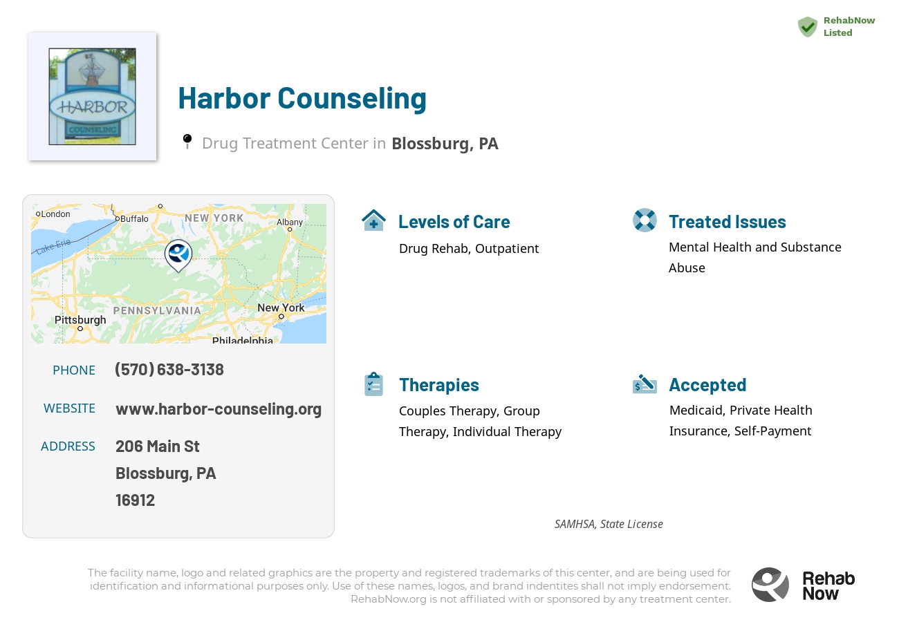 Helpful reference information for Harbor Counseling, a drug treatment center in Pennsylvania located at: 206 Main St, Blossburg, PA, 16912, including phone numbers, official website, and more. Listed briefly is an overview of Levels of Care, Therapies Offered, Issues Treated, and accepted forms of Payment Methods.