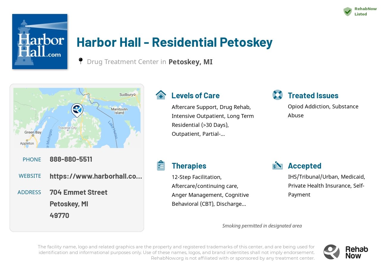 Helpful reference information for Harbor Hall - Residential Petoskey, a drug treatment center in Michigan located at: 704 Emmet Street, Petoskey, MI 49770, including phone numbers, official website, and more. Listed briefly is an overview of Levels of Care, Therapies Offered, Issues Treated, and accepted forms of Payment Methods.