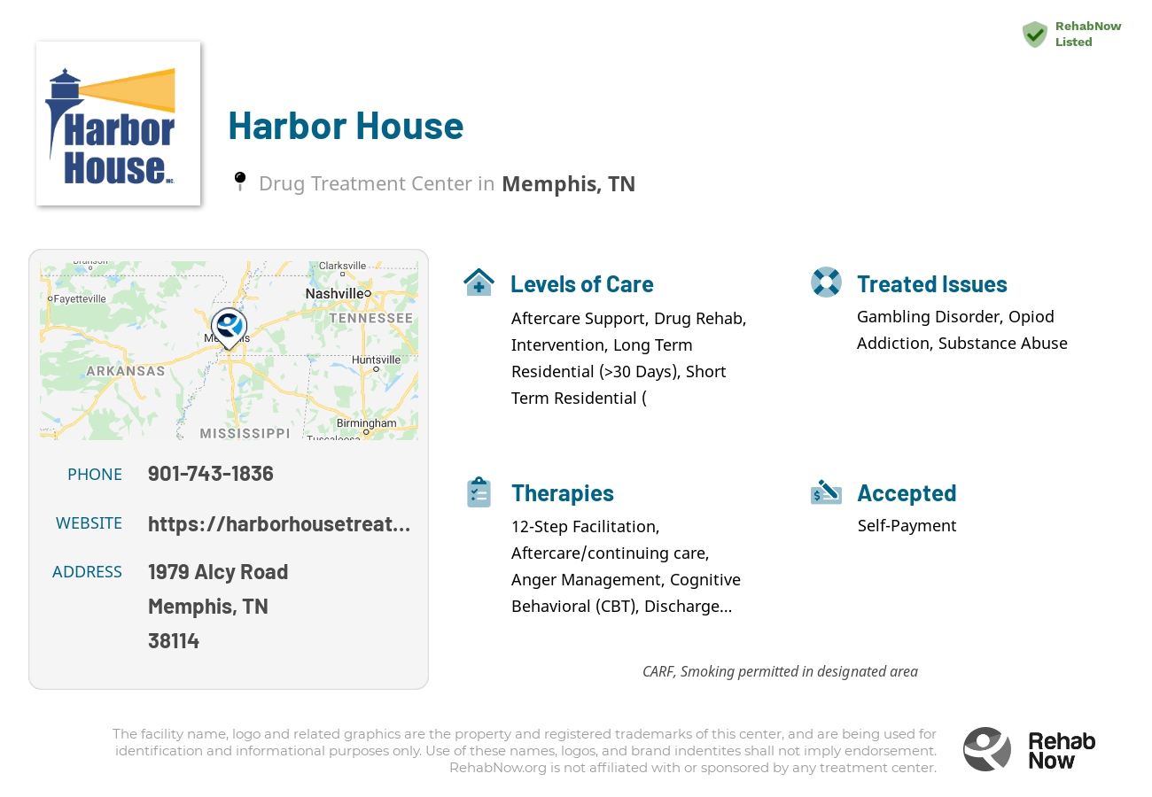 Helpful reference information for Harbor House, a drug treatment center in Tennessee located at: 1979 Alcy Road, Memphis, TN 38114, including phone numbers, official website, and more. Listed briefly is an overview of Levels of Care, Therapies Offered, Issues Treated, and accepted forms of Payment Methods.