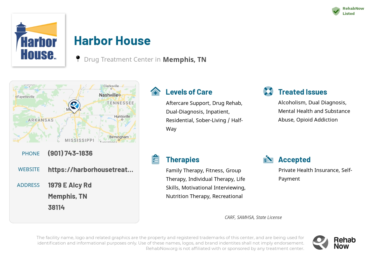 Helpful reference information for Harbor House, a drug treatment center in Tennessee located at: 1979 E Alcy Rd, Memphis, TN 38114, including phone numbers, official website, and more. Listed briefly is an overview of Levels of Care, Therapies Offered, Issues Treated, and accepted forms of Payment Methods.
