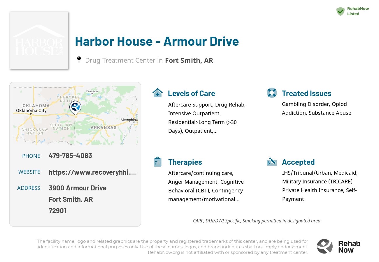 Helpful reference information for Harbor House - Armour Drive, a drug treatment center in Arkansas located at: 3900 Armour Drive, Fort Smith, AR 72901, including phone numbers, official website, and more. Listed briefly is an overview of Levels of Care, Therapies Offered, Issues Treated, and accepted forms of Payment Methods.