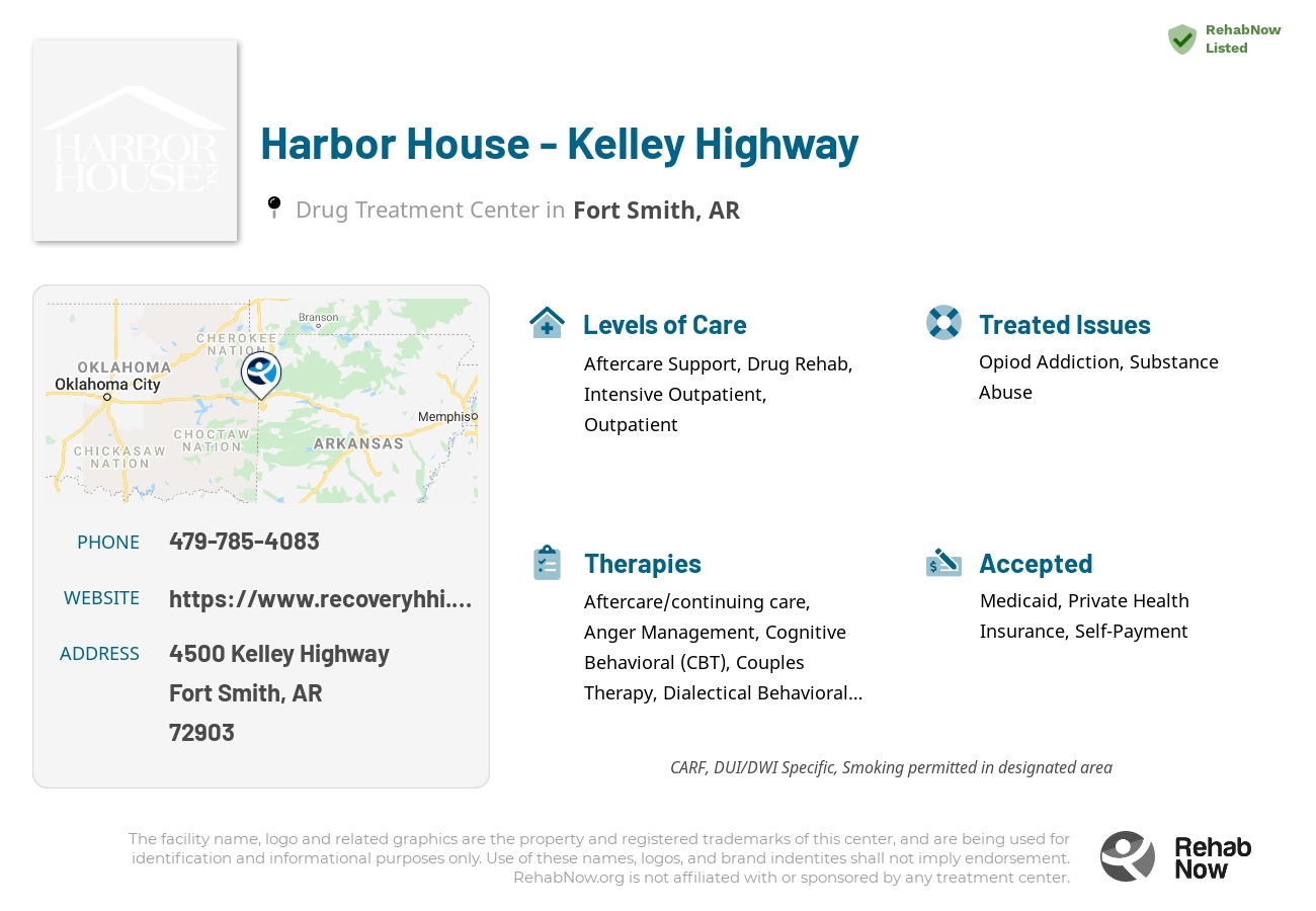 Helpful reference information for Harbor House - Kelley Highway, a drug treatment center in Arkansas located at: 4500 Kelley Highway, Fort Smith, AR 72903, including phone numbers, official website, and more. Listed briefly is an overview of Levels of Care, Therapies Offered, Issues Treated, and accepted forms of Payment Methods.