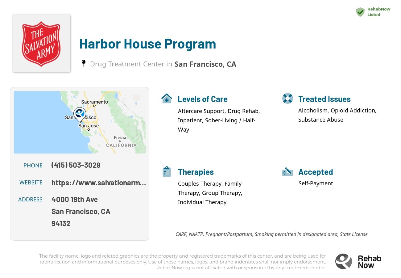 Helpful reference information for Harbor House Program, a drug treatment center in California located at: 4000 19th Ave, San Francisco, CA 94132, including phone numbers, official website, and more. Listed briefly is an overview of Levels of Care, Therapies Offered, Issues Treated, and accepted forms of Payment Methods.