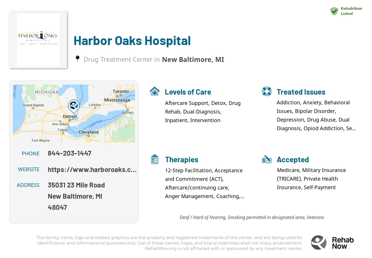 Helpful reference information for Harbor Oaks Hospital, a drug treatment center in Michigan located at: 35031 23 Mile Road, New Baltimore, MI 48047, including phone numbers, official website, and more. Listed briefly is an overview of Levels of Care, Therapies Offered, Issues Treated, and accepted forms of Payment Methods.