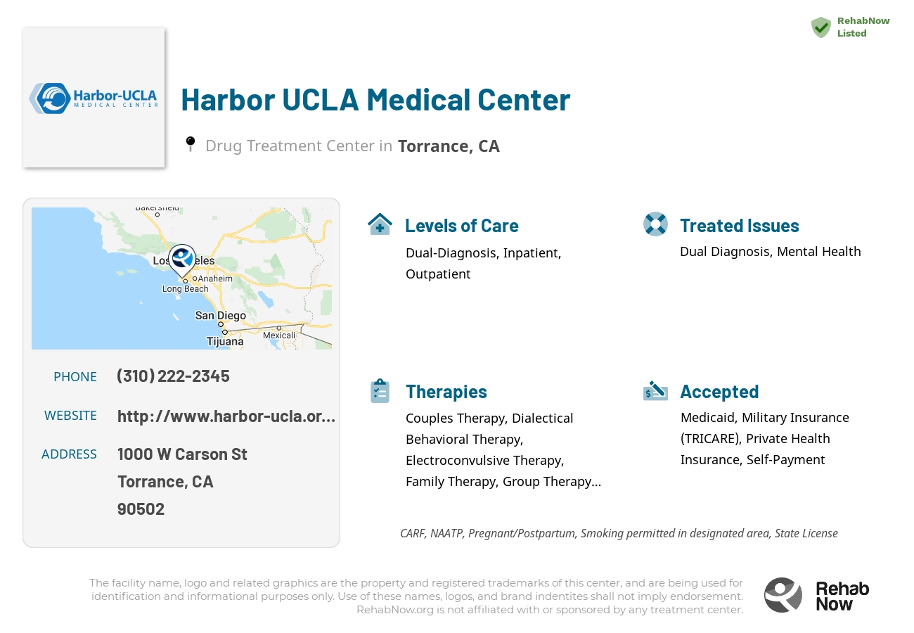 Helpful reference information for Harbor UCLA Medical Center, a drug treatment center in California located at: 1000 W Carson St, Torrance, CA 90502, including phone numbers, official website, and more. Listed briefly is an overview of Levels of Care, Therapies Offered, Issues Treated, and accepted forms of Payment Methods.