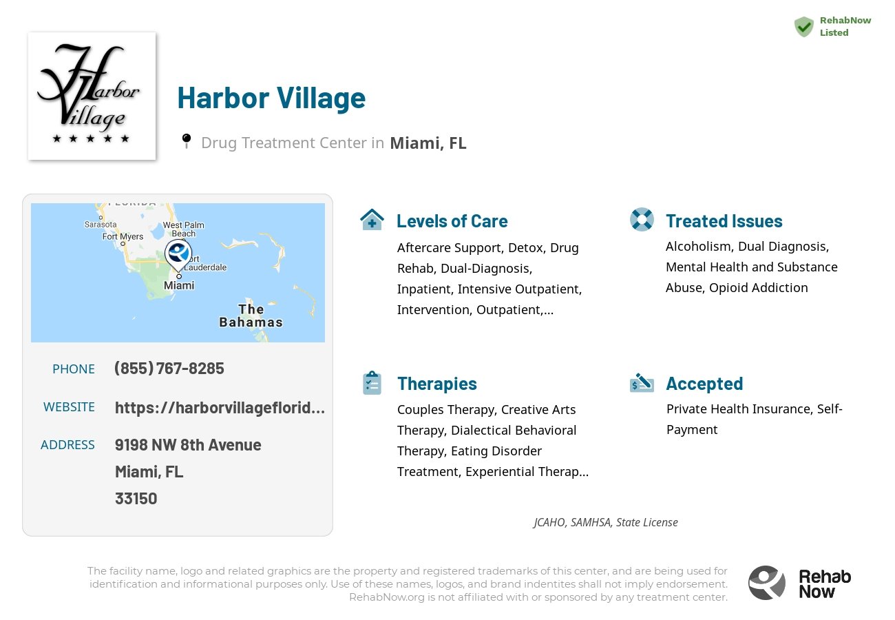 Helpful reference information for Harbor Village, a drug treatment center in Florida located at: 9198 NW 8th Avenue, Miami, FL, 33150, including phone numbers, official website, and more. Listed briefly is an overview of Levels of Care, Therapies Offered, Issues Treated, and accepted forms of Payment Methods.