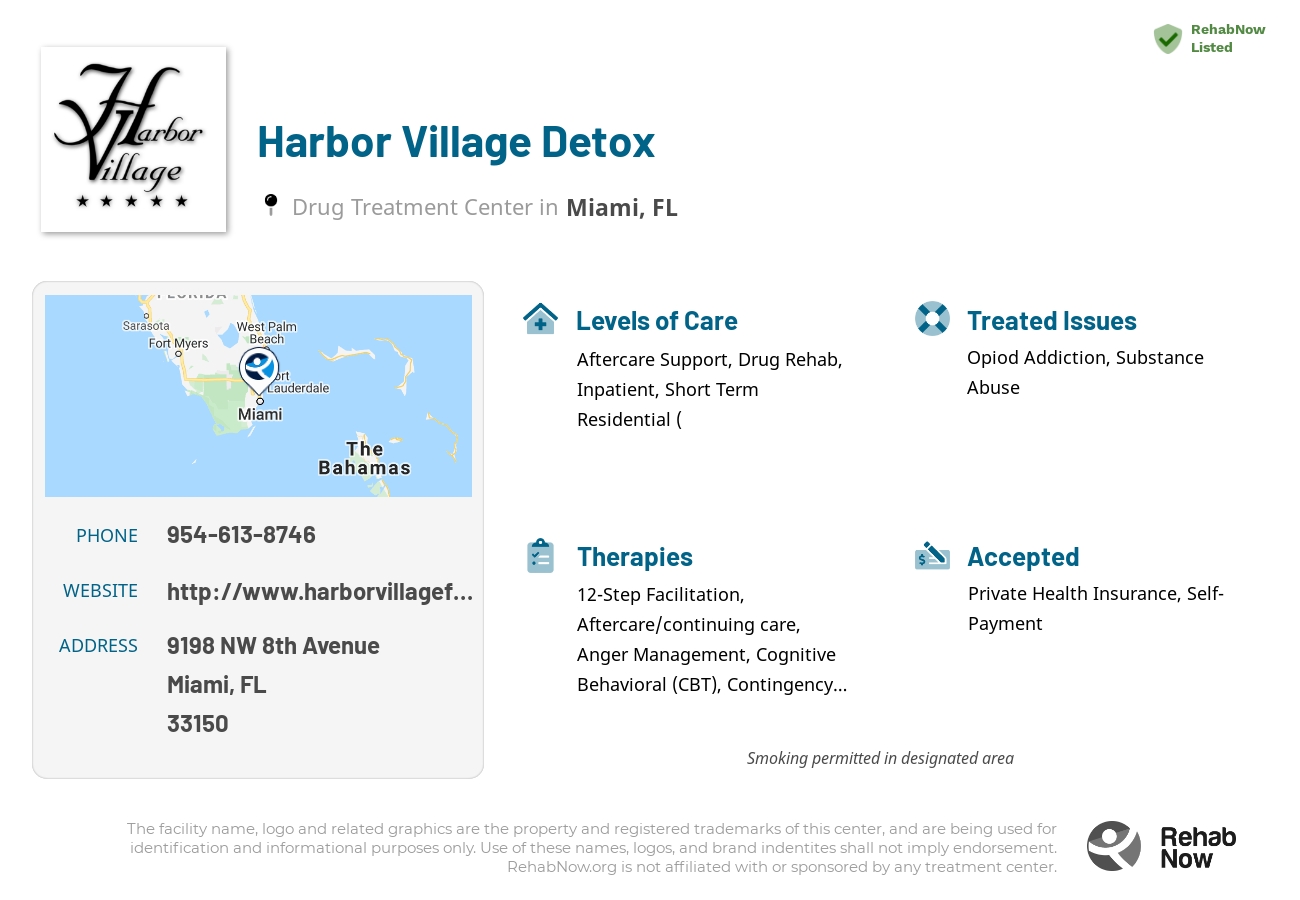 Helpful reference information for Harbor Village Detox, a drug treatment center in Florida located at: 9198 NW 8th Avenue, Miami, FL 33150, including phone numbers, official website, and more. Listed briefly is an overview of Levels of Care, Therapies Offered, Issues Treated, and accepted forms of Payment Methods.