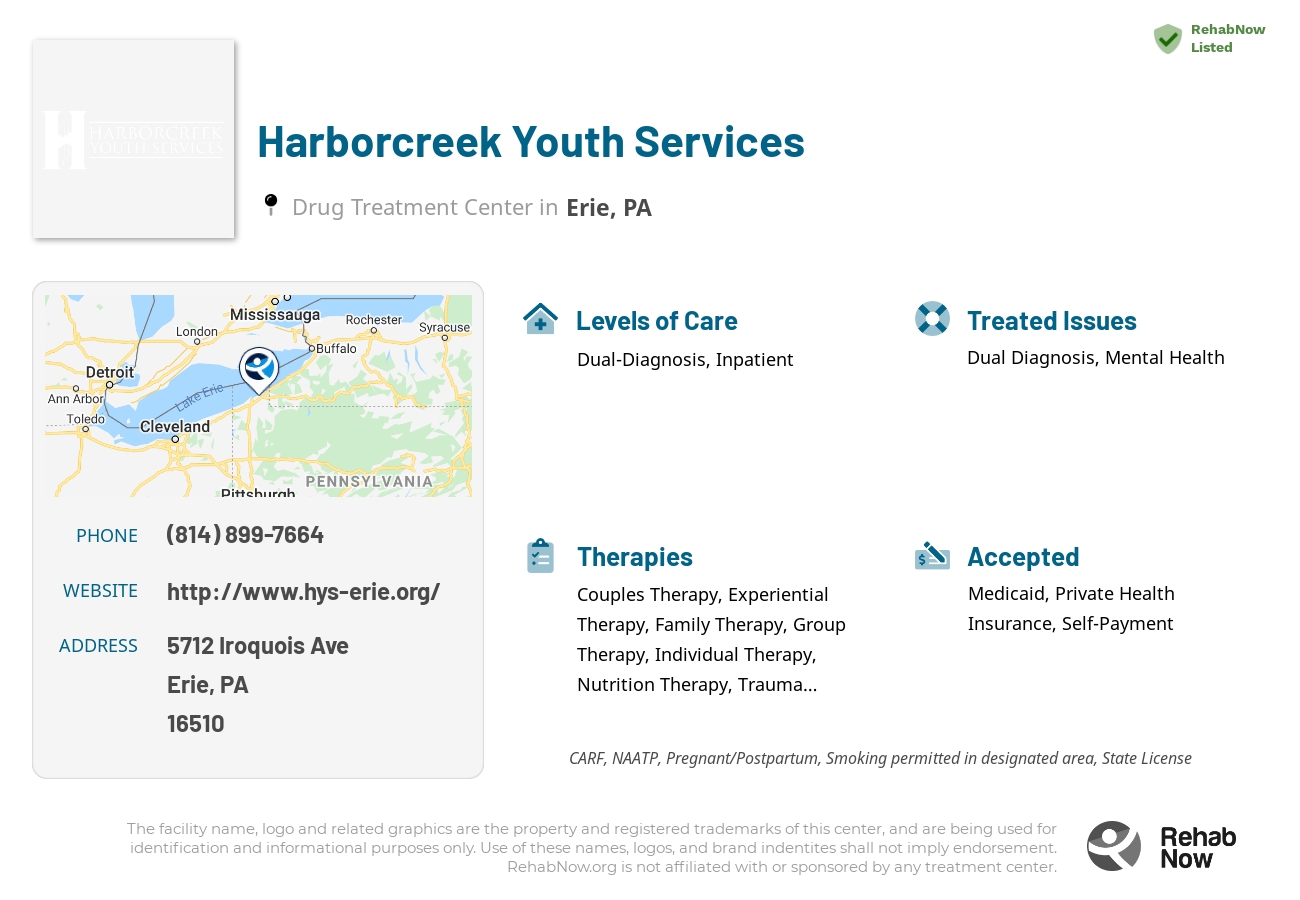 Helpful reference information for Harborcreek Youth Services, a drug treatment center in Pennsylvania located at: 5712 Iroquois Ave, Erie, PA 16510, including phone numbers, official website, and more. Listed briefly is an overview of Levels of Care, Therapies Offered, Issues Treated, and accepted forms of Payment Methods.
