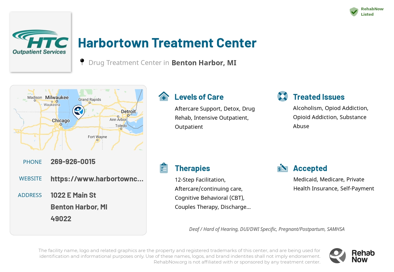 Helpful reference information for Harbortown Treatment Center, a drug treatment center in Michigan located at: 1022 E Main St, Benton Harbor, MI 49022, including phone numbers, official website, and more. Listed briefly is an overview of Levels of Care, Therapies Offered, Issues Treated, and accepted forms of Payment Methods.