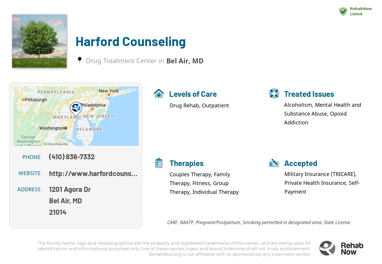 Helpful reference information for Harford Counseling, a drug treatment center in Maryland located at: 1201 Agora Dr, Bel Air, MD 21014, including phone numbers, official website, and more. Listed briefly is an overview of Levels of Care, Therapies Offered, Issues Treated, and accepted forms of Payment Methods.