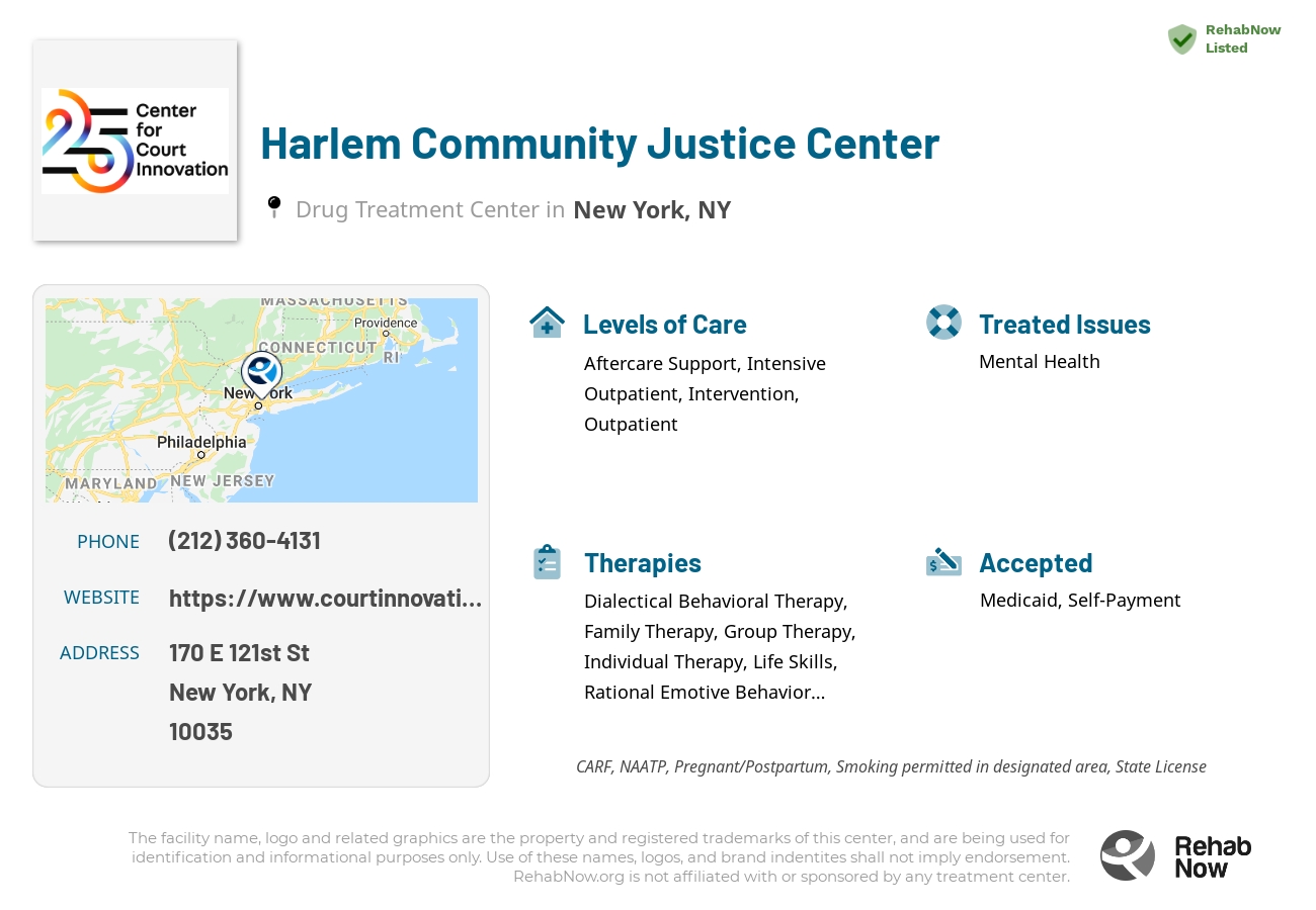 Helpful reference information for Harlem Community Justice Center, a drug treatment center in New York located at: 170 E 121st St, New York, NY 10035, including phone numbers, official website, and more. Listed briefly is an overview of Levels of Care, Therapies Offered, Issues Treated, and accepted forms of Payment Methods.