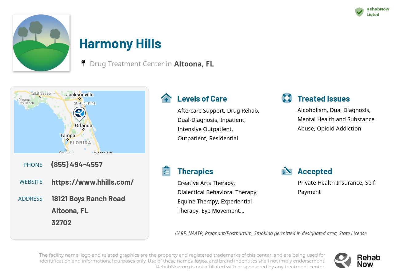 Helpful reference information for Harmony Hills, a drug treatment center in Florida located at: 18121 Boys Ranch Road, Altoona, FL, 32702, including phone numbers, official website, and more. Listed briefly is an overview of Levels of Care, Therapies Offered, Issues Treated, and accepted forms of Payment Methods.