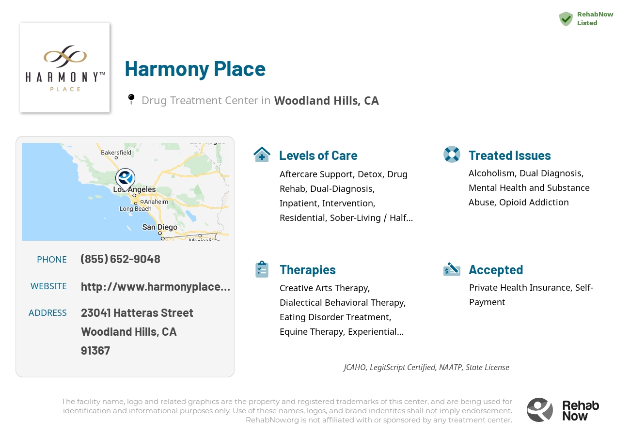 Helpful reference information for Harmony Place, a drug treatment center in California located at: 23041 Hatteras Street, Woodland Hills, CA, 91367, including phone numbers, official website, and more. Listed briefly is an overview of Levels of Care, Therapies Offered, Issues Treated, and accepted forms of Payment Methods.