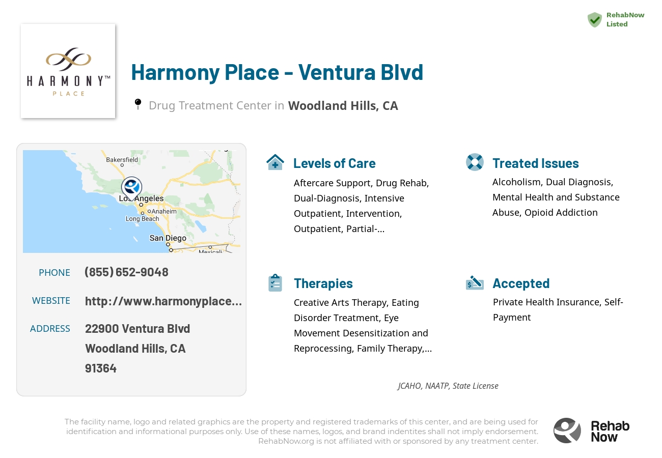 Helpful reference information for Harmony Place - Ventura Blvd, a drug treatment center in California located at: 22900 Ventura Blvd, Woodland Hills, CA 91364, including phone numbers, official website, and more. Listed briefly is an overview of Levels of Care, Therapies Offered, Issues Treated, and accepted forms of Payment Methods.