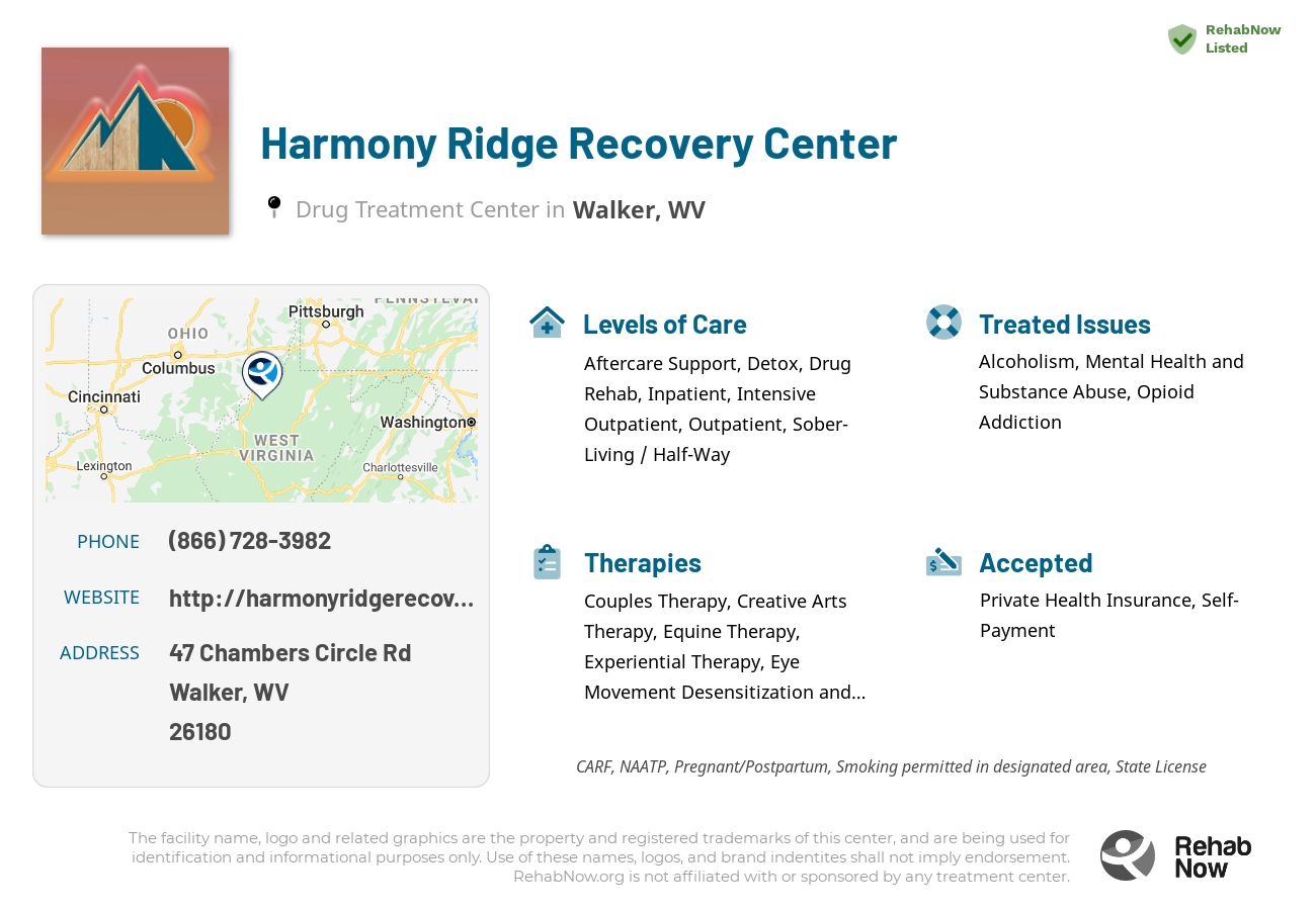 Helpful reference information for Harmony Ridge Recovery Center, a drug treatment center in West Virginia located at: 47 Chambers Circle Rd, Walker, WV 26180, including phone numbers, official website, and more. Listed briefly is an overview of Levels of Care, Therapies Offered, Issues Treated, and accepted forms of Payment Methods.
