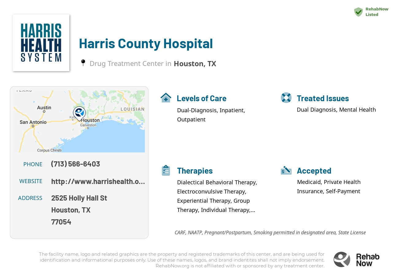 Helpful reference information for Harris County Hospital, a drug treatment center in Texas located at: 2525 Holly Hall St, Houston, TX 77054, including phone numbers, official website, and more. Listed briefly is an overview of Levels of Care, Therapies Offered, Issues Treated, and accepted forms of Payment Methods.