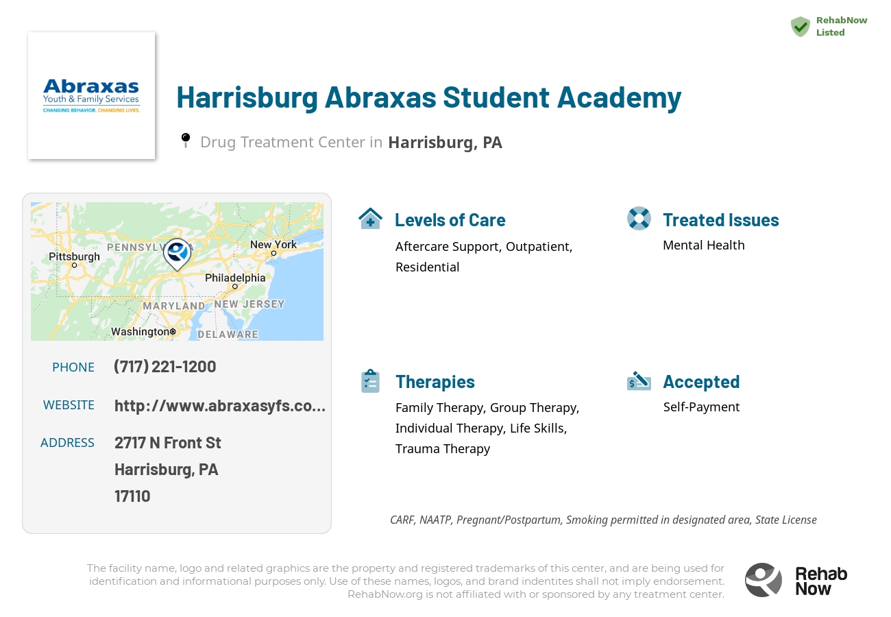 Helpful reference information for Harrisburg Abraxas Student Academy, a drug treatment center in Pennsylvania located at: 2717 N Front St, Harrisburg, PA 17110, including phone numbers, official website, and more. Listed briefly is an overview of Levels of Care, Therapies Offered, Issues Treated, and accepted forms of Payment Methods.