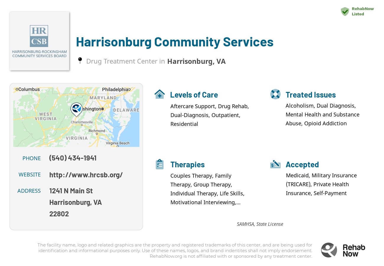 Helpful reference information for Harrisonburg Community Services, a drug treatment center in Virginia located at: 1241 N Main St, Harrisonburg, VA 22802, including phone numbers, official website, and more. Listed briefly is an overview of Levels of Care, Therapies Offered, Issues Treated, and accepted forms of Payment Methods.