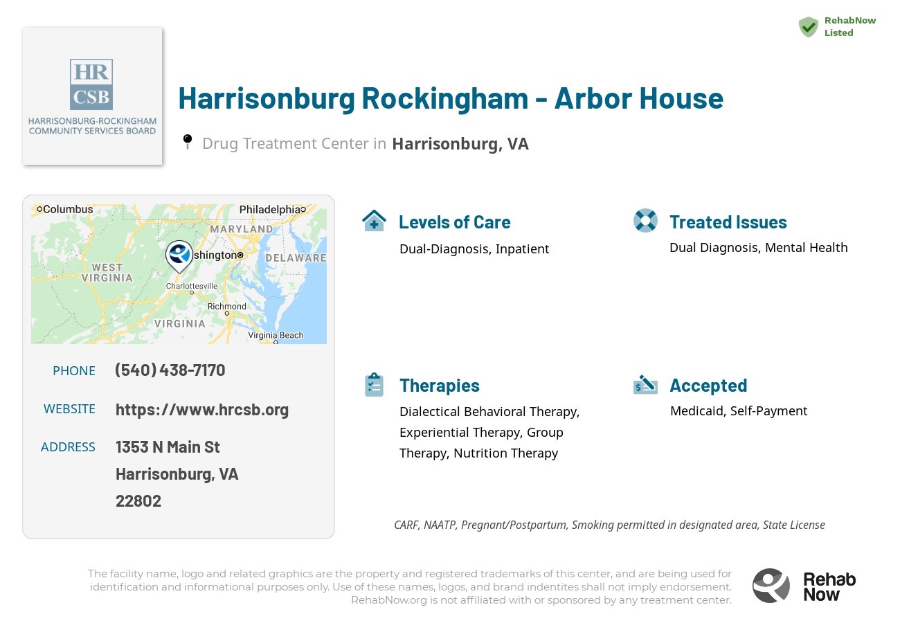 Helpful reference information for Harrisonburg Rockingham - Arbor House, a drug treatment center in Virginia located at: 1353 N Main St, Harrisonburg, VA 22802, including phone numbers, official website, and more. Listed briefly is an overview of Levels of Care, Therapies Offered, Issues Treated, and accepted forms of Payment Methods.