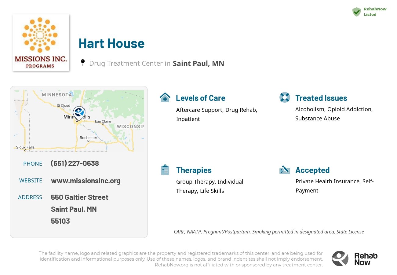 Helpful reference information for Hart House, a drug treatment center in Minnesota located at: 550 550 Galtier Street, Saint Paul, MN 55103, including phone numbers, official website, and more. Listed briefly is an overview of Levels of Care, Therapies Offered, Issues Treated, and accepted forms of Payment Methods.