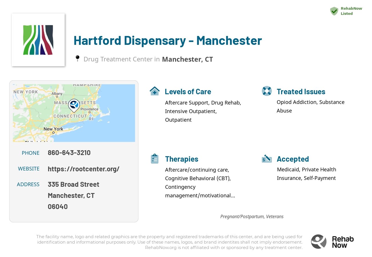 Helpful reference information for Hartford Dispensary - Manchester, a drug treatment center in Connecticut located at: 335 Broad Street, Manchester, CT 06040, including phone numbers, official website, and more. Listed briefly is an overview of Levels of Care, Therapies Offered, Issues Treated, and accepted forms of Payment Methods.