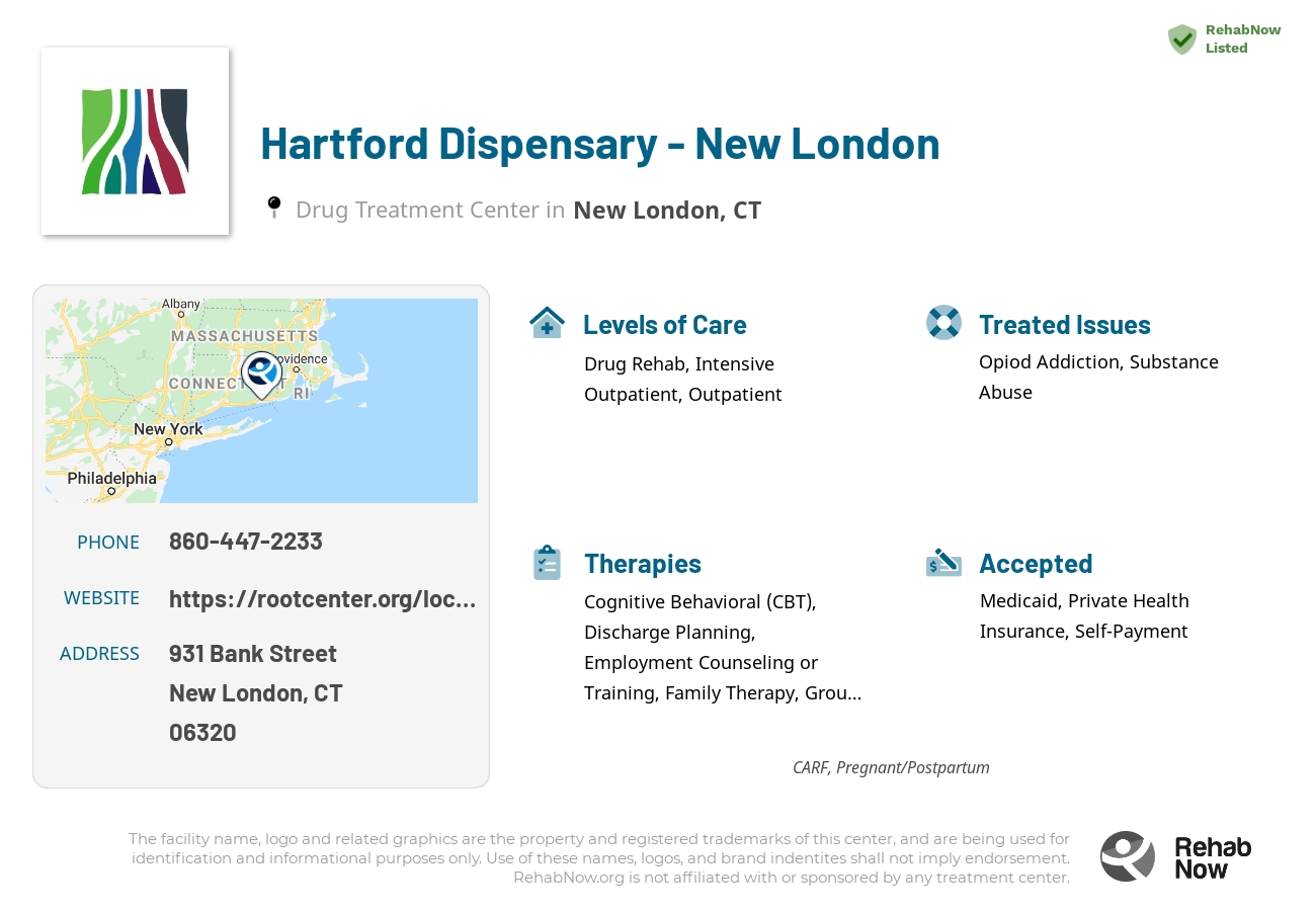 Helpful reference information for Hartford Dispensary - New London, a drug treatment center in Connecticut located at: 931 Bank Street, New London, CT 06320, including phone numbers, official website, and more. Listed briefly is an overview of Levels of Care, Therapies Offered, Issues Treated, and accepted forms of Payment Methods.