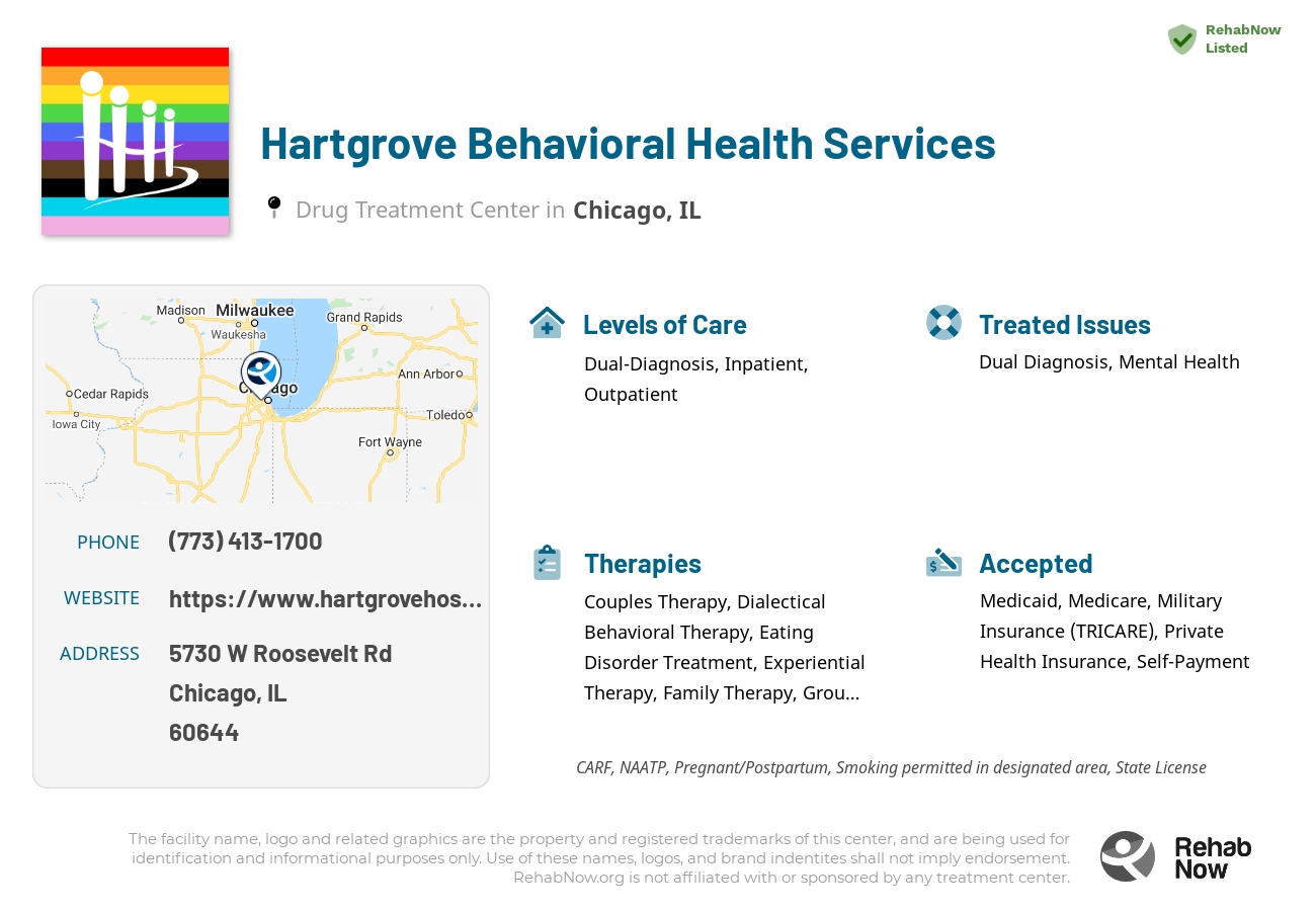 Helpful reference information for Hartgrove Behavioral Health Services, a drug treatment center in Illinois located at: 5730 W Roosevelt Rd, Chicago, IL 60644, including phone numbers, official website, and more. Listed briefly is an overview of Levels of Care, Therapies Offered, Issues Treated, and accepted forms of Payment Methods.