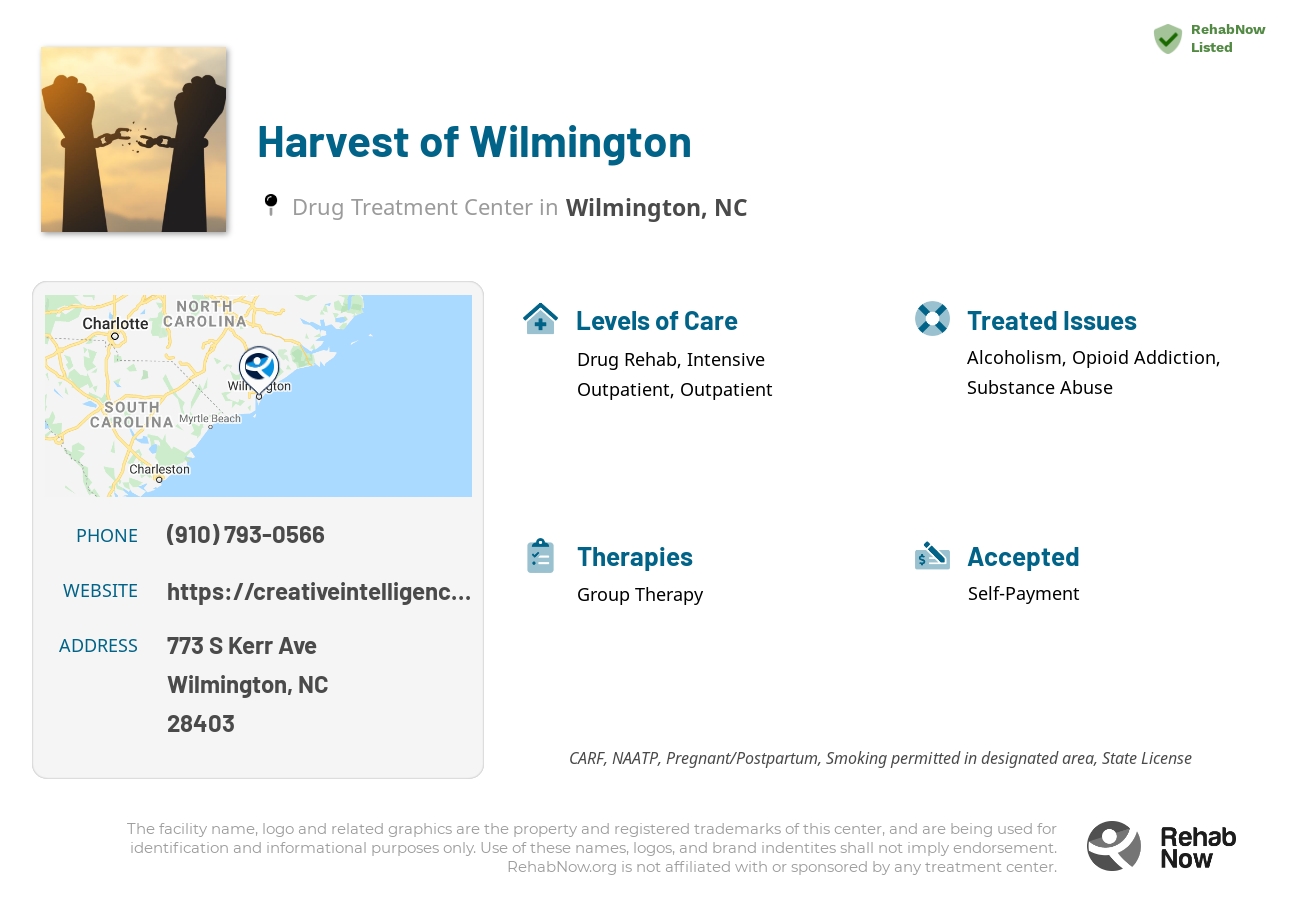 Helpful reference information for Harvest of Wilmington, a drug treatment center in North Carolina located at: 773 S Kerr Ave, Wilmington, NC 28403, including phone numbers, official website, and more. Listed briefly is an overview of Levels of Care, Therapies Offered, Issues Treated, and accepted forms of Payment Methods.