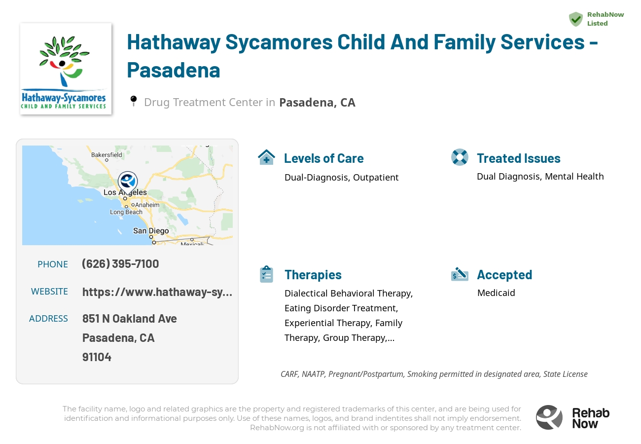 Helpful reference information for Hathaway Sycamores Child And Family Services - Pasadena, a drug treatment center in California located at: 851 N Oakland Ave, Pasadena, CA 91104, including phone numbers, official website, and more. Listed briefly is an overview of Levels of Care, Therapies Offered, Issues Treated, and accepted forms of Payment Methods.