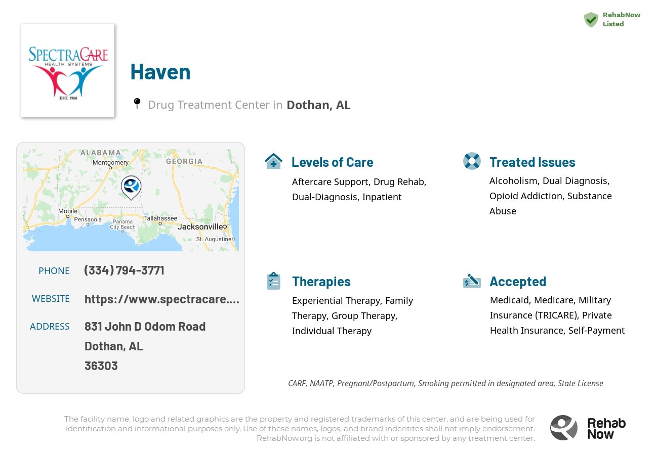 Helpful reference information for Haven, a drug treatment center in Alabama located at: 831 John D Odom Road, Dothan, AL, 36303, including phone numbers, official website, and more. Listed briefly is an overview of Levels of Care, Therapies Offered, Issues Treated, and accepted forms of Payment Methods.