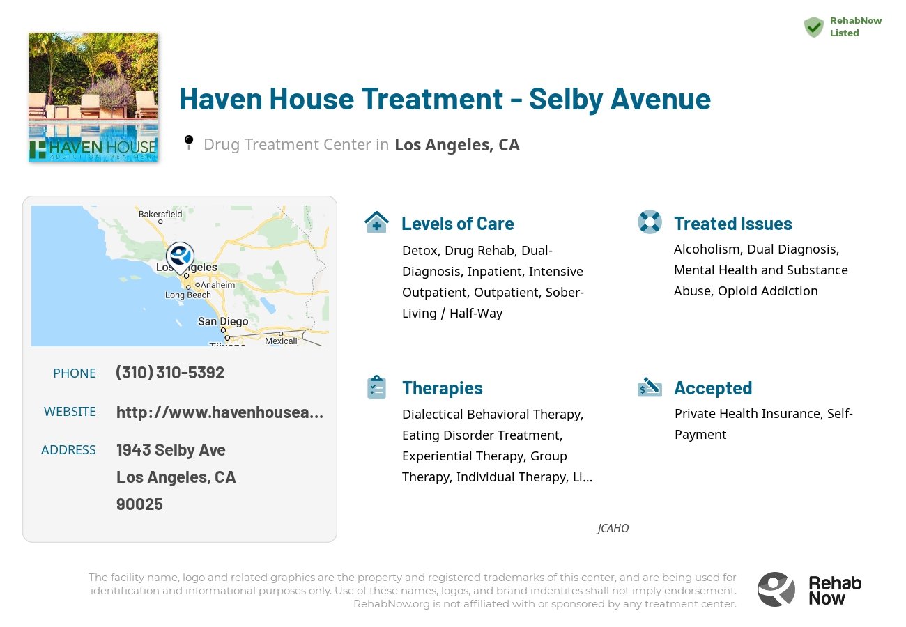 Helpful reference information for Haven House Treatment - Selby Avenue, a drug treatment center in California located at: 1943 Selby Ave, Los Angeles, CA 90025, including phone numbers, official website, and more. Listed briefly is an overview of Levels of Care, Therapies Offered, Issues Treated, and accepted forms of Payment Methods.