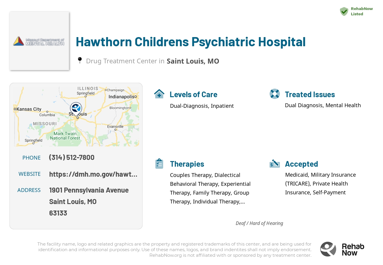 Helpful reference information for Hawthorn Childrens Psychiatric Hospital, a drug treatment center in Missouri located at: 1901 1901 Pennsylvania Avenue, Saint Louis, MO 63133, including phone numbers, official website, and more. Listed briefly is an overview of Levels of Care, Therapies Offered, Issues Treated, and accepted forms of Payment Methods.