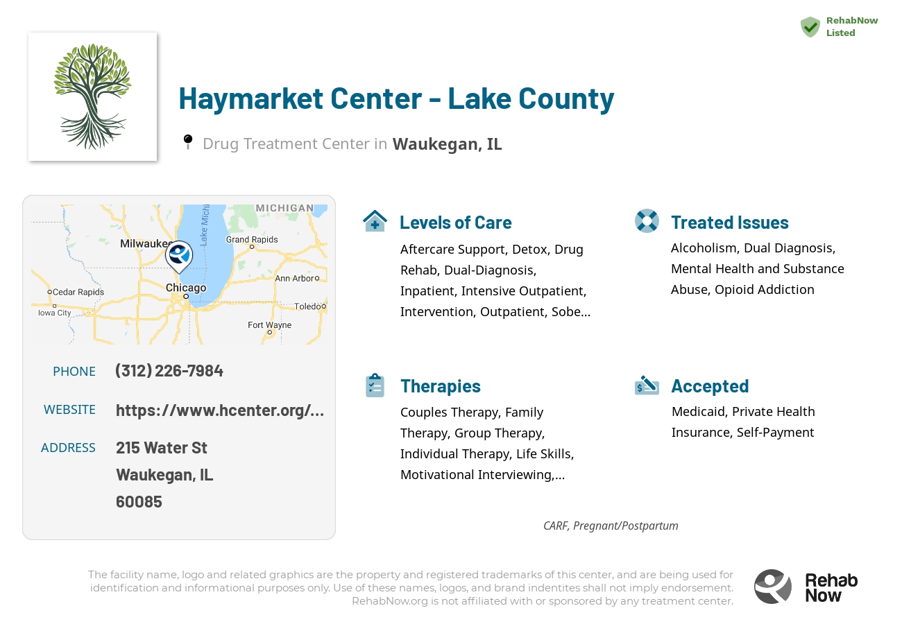Helpful reference information for Haymarket Center - Lake County, a drug treatment center in Illinois located at: 215 Water St, Waukegan, IL 60085, including phone numbers, official website, and more. Listed briefly is an overview of Levels of Care, Therapies Offered, Issues Treated, and accepted forms of Payment Methods.
