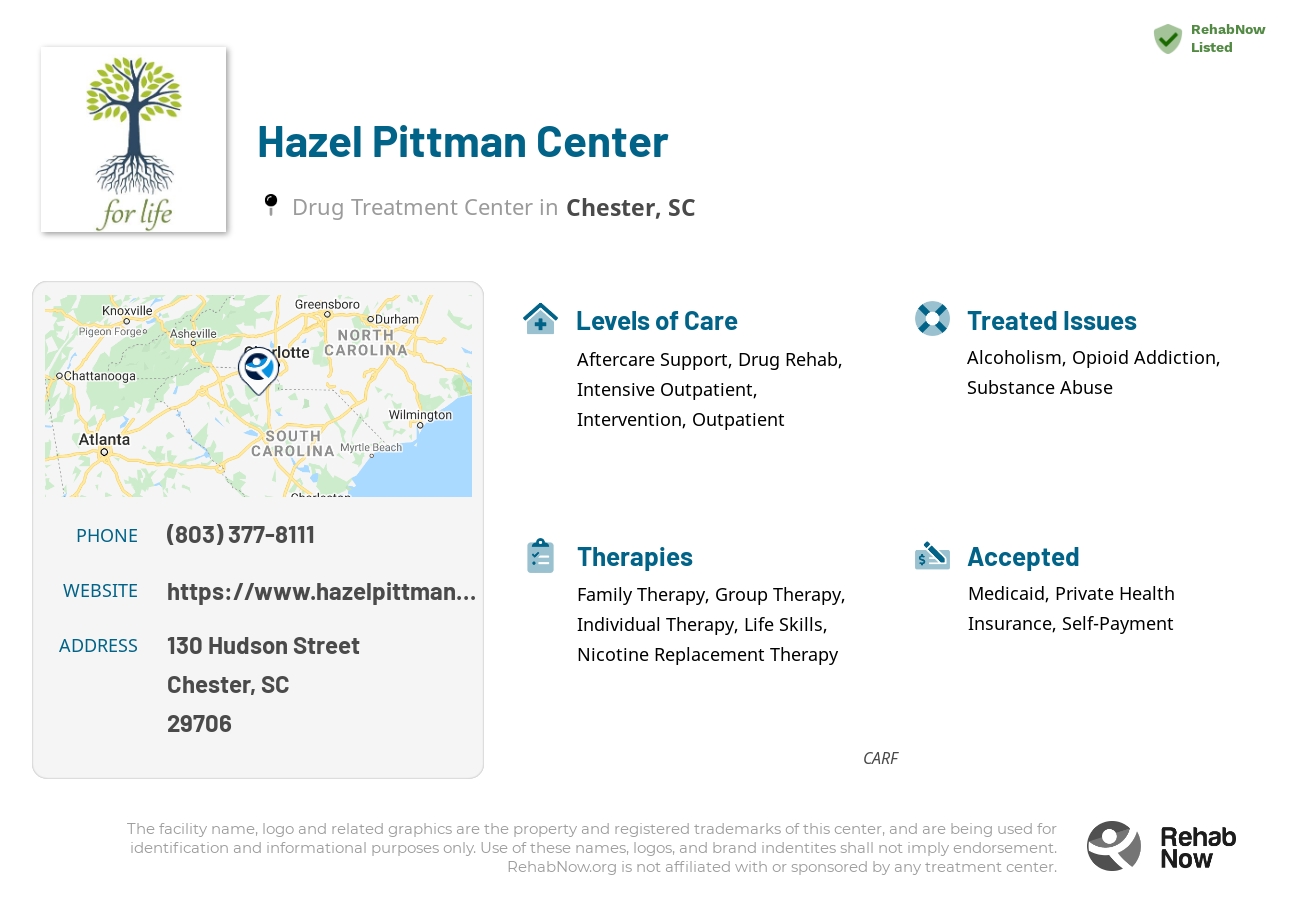 Helpful reference information for Hazel Pittman Center, a drug treatment center in South Carolina located at: 130 130 Hudson Street, Chester, SC 29706, including phone numbers, official website, and more. Listed briefly is an overview of Levels of Care, Therapies Offered, Issues Treated, and accepted forms of Payment Methods.