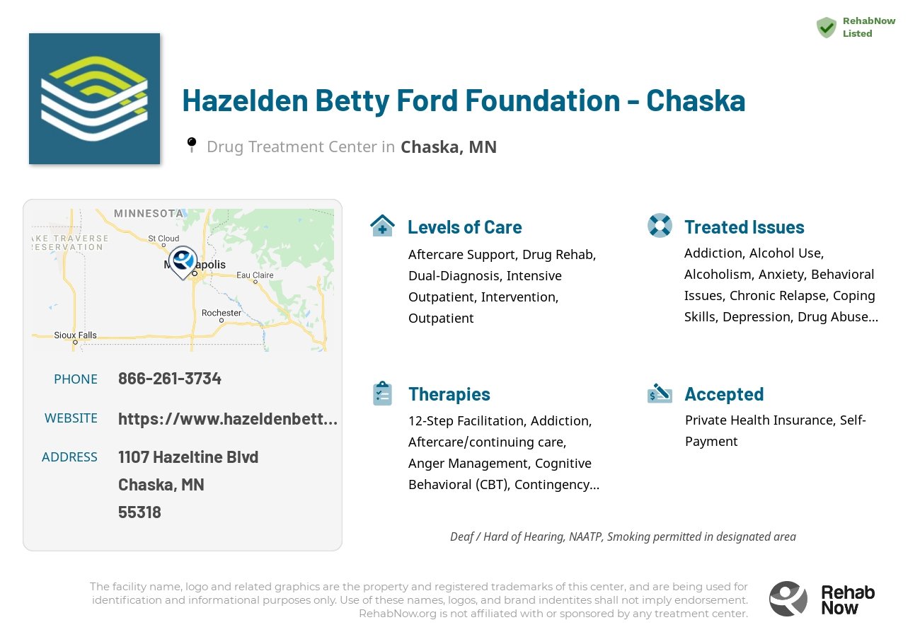 Helpful reference information for Hazelden Betty Ford Foundation - Chaska, a drug treatment center in Minnesota located at: 1107 Hazeltine Blvd, Chaska, MN 55318, including phone numbers, official website, and more. Listed briefly is an overview of Levels of Care, Therapies Offered, Issues Treated, and accepted forms of Payment Methods.