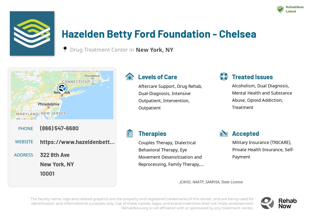 Helpful reference information for Hazelden Betty Ford Foundation - Chelsea, a drug treatment center in New York located at: 322 8th Ave, New York, NY 10001, including phone numbers, official website, and more. Listed briefly is an overview of Levels of Care, Therapies Offered, Issues Treated, and accepted forms of Payment Methods.