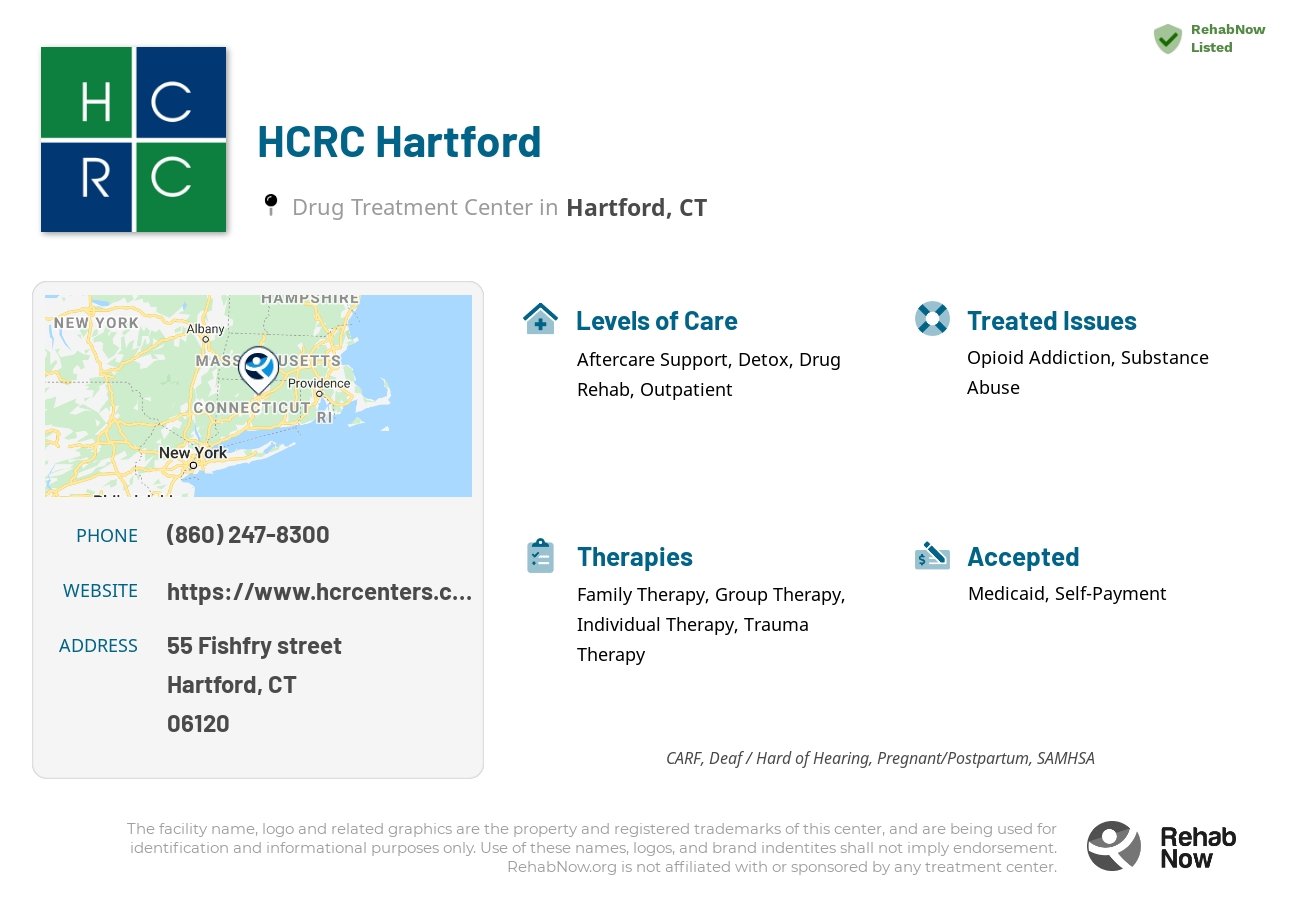 Helpful reference information for HCRC Hartford, a drug treatment center in Connecticut located at: 55 Fishfry street, Hartford, CT, 06120, including phone numbers, official website, and more. Listed briefly is an overview of Levels of Care, Therapies Offered, Issues Treated, and accepted forms of Payment Methods.