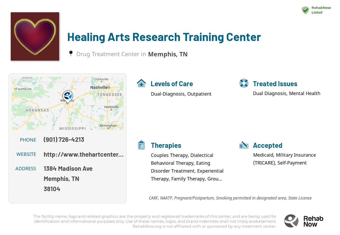 Helpful reference information for Healing Arts Research Training Center, a drug treatment center in Tennessee located at: 1384 Madison Ave, Memphis, TN 38104, including phone numbers, official website, and more. Listed briefly is an overview of Levels of Care, Therapies Offered, Issues Treated, and accepted forms of Payment Methods.