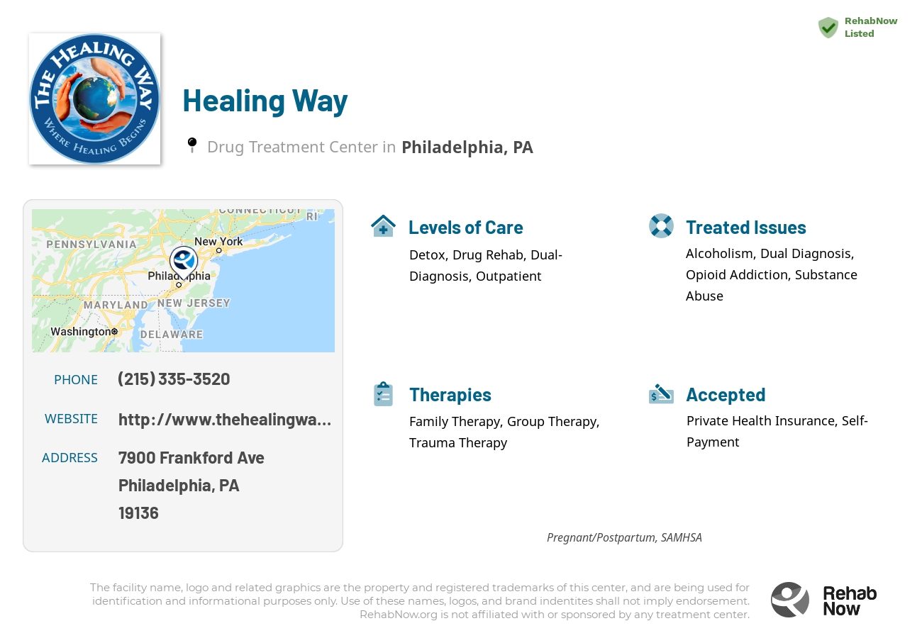 Helpful reference information for Healing Way, a drug treatment center in Pennsylvania located at: 7900 Frankford Ave, Philadelphia, PA 19136, including phone numbers, official website, and more. Listed briefly is an overview of Levels of Care, Therapies Offered, Issues Treated, and accepted forms of Payment Methods.
